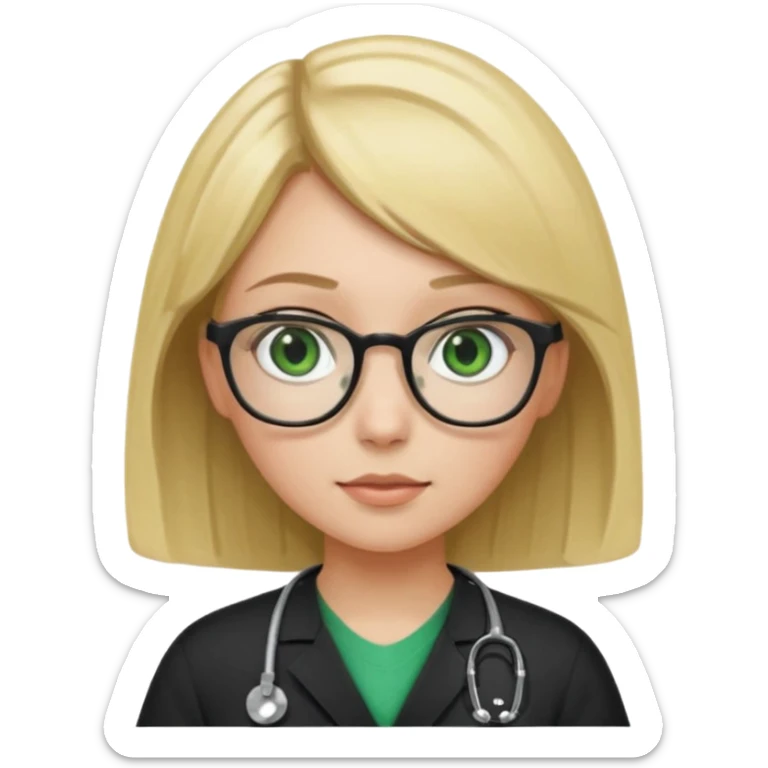 A girl in black scrubs with a blonde bob and glasses no stethoscope green eyes sticker