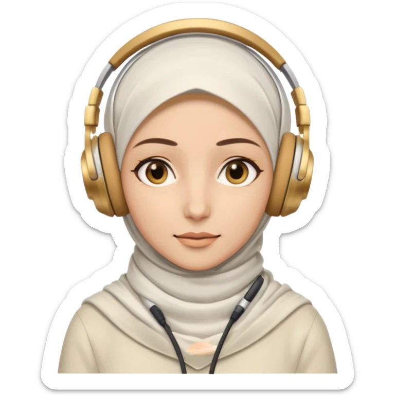 This is a cartoon-style avatar of a woman wearing a white hijab and headphones, with golden-brown eyes and a calm expression. sticker