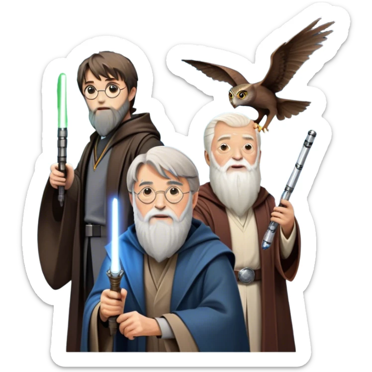 Icon for Fantasy and Sci-Fi Movies: Collage featuring Harry Potter with his wand, Dumbledore. Luke Skywalker with a lightsaber and futuristic robots. Background with a magical planet, Hogwarts, flying owls and spaceships. Epic and magical atmosphere. Transparent background. sticker
