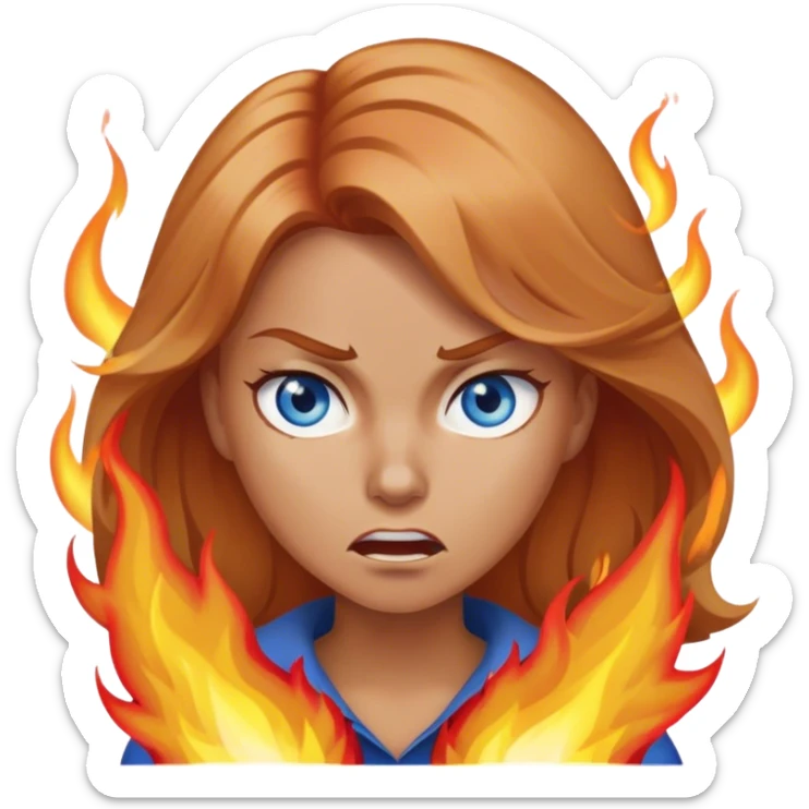 woman with below shoulder length strawberry blond hair and blue eyes angrily setting fires sticker