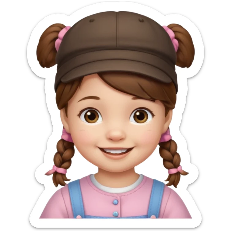 baby girl with brown hair and pigtails with hat sticker