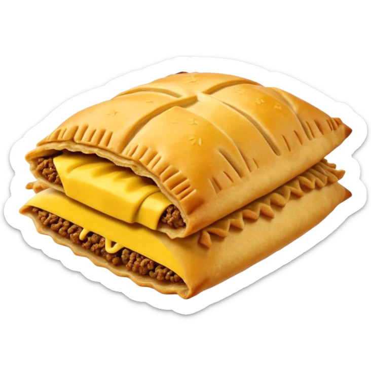 side view of a Jamaican patty, golden flaky pastry with crimped edge, slightly open to reveal spicy beef filling, emoji style sticker