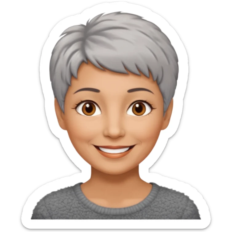woman 50 years old, short grey fluffy cut hair, tannes skin and brown eyes sticker
