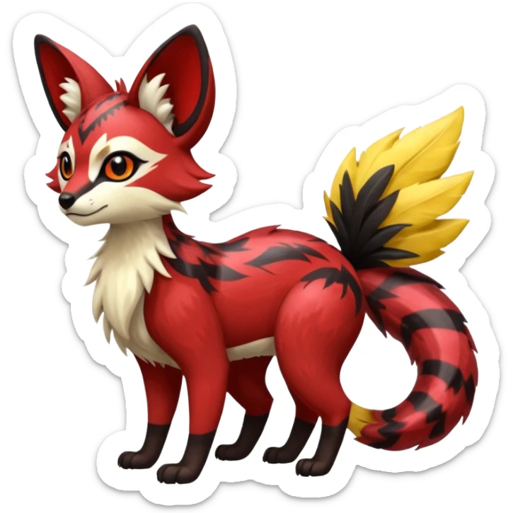 Futuristic sanguine-red banana-yellow black chevron-marked furry fluffy floofy feathery tribal marked Genet-Absol-Kyurem-Zeraora-Primagen-fusion-creature  sticker