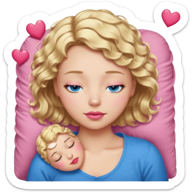 Girl Blonde short wavy hair,  blue eyes, cute blue top, long lashes, pink lips, sleeping eyes closed, hearts  sticker