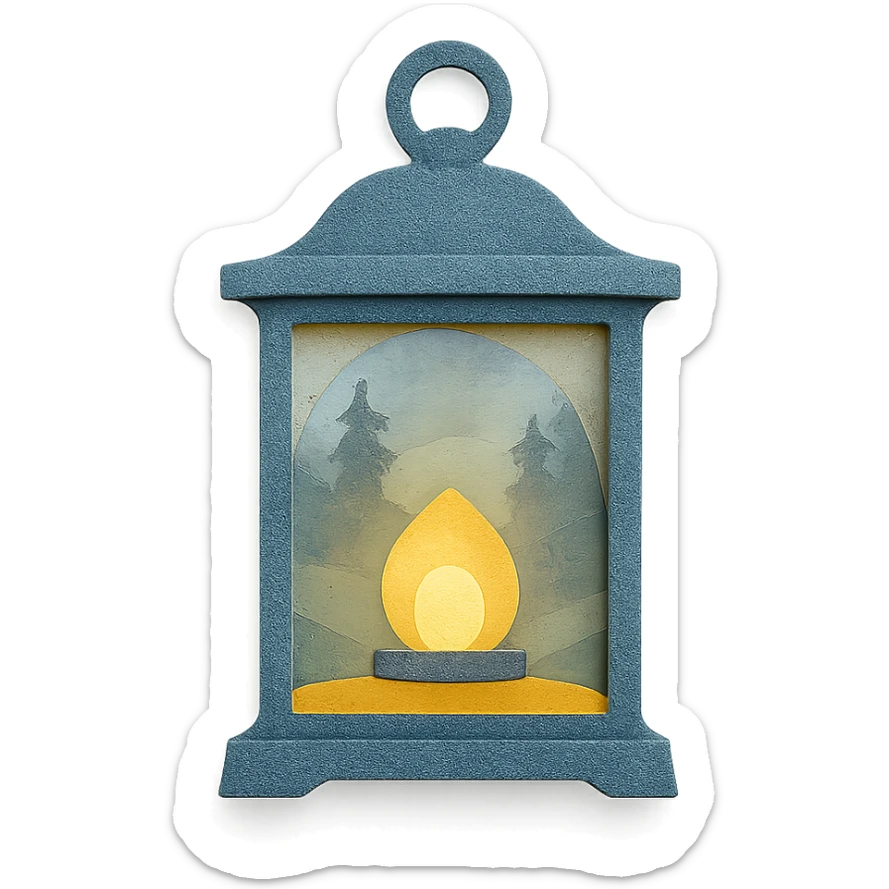 a lantern glowing softly in the misty woods, calm and dreamy feel, paper craft style sticker