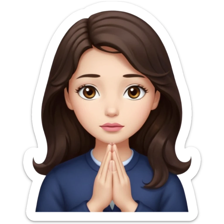 girl with wavy long glamorous dark brown hair, brown eyes, light to medium complexion, long lashes, almond shaped eyes, light pink lipstick, square shaped face. praying sticker