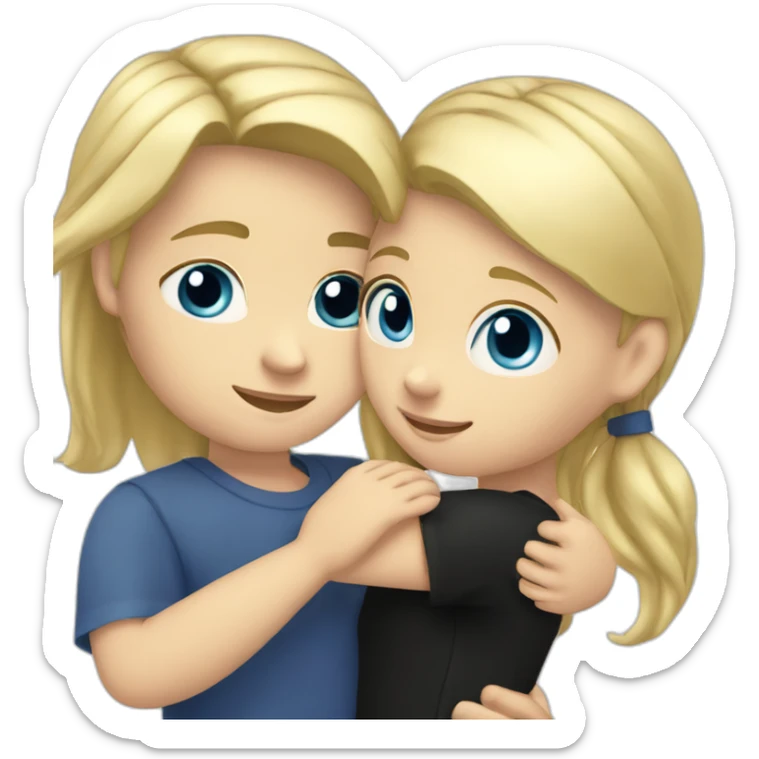 blond white girl with blue eyes hug white boy with black hair with pony-tail sticker