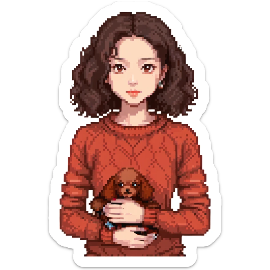 woman of Asian descent, dark brown eyes and hair, wearing a knit jumper, holding a small red poodle sticker