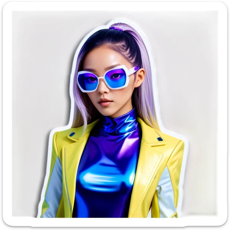a futuristic and stylish cyberpunk-inspired Asian woman with light tan skin. She has long, flowing ombre hair that transitions from deep blue to vibrant violet, giving her an otherworldly aesthetic. She wears oversized, sleek white futuristic glasses that enhance her high-tech appearance. Her outfit is a form-fitting, reflective metallic bodysuit with neon cybernetic details, glowing accents, and a sci-fi-inspired design. sticker