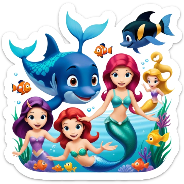 Colorful icon for Animated Movies: A vibrant collage featuring iconic characters like Goofy, Mickey Mouse, Ariel the Little Mermaid, Jasmine, Masha and the Bear, and Luntik. Each character should be large and bright, set against a cheerful and playful background. Transparent background. sticker