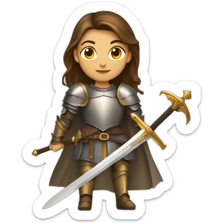 knight woman long brown hair golden eyes tan skin holding a sword sticker