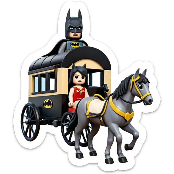  Ultra cute  Lego detailed 1854 Batman and pretty Catgirl driving dream horse drawn Caravan alone at romantic trails in the woods  sticker