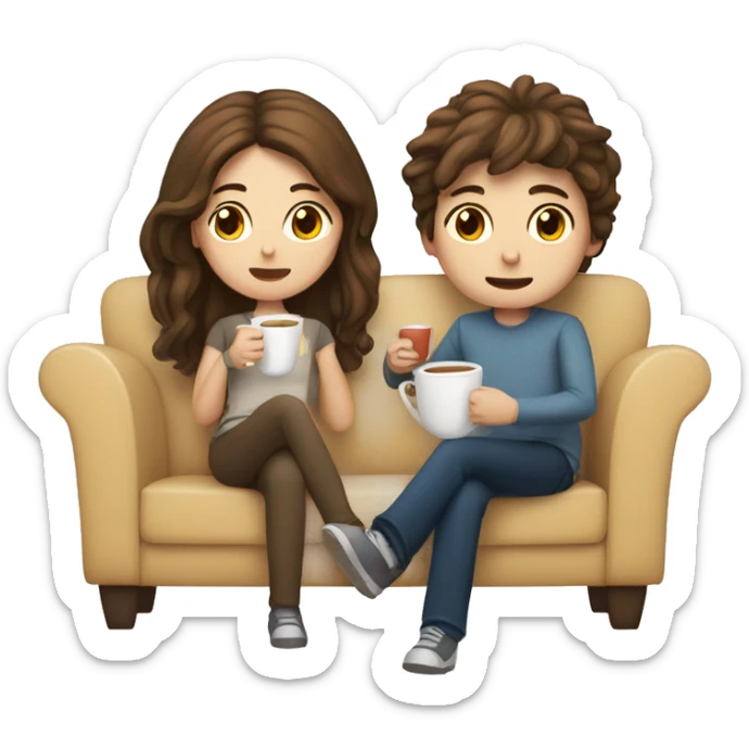 a couple  BOY and Girl with white skin and brown hair are sitting on the sofa and drinking tea, the girl has long hair sticker