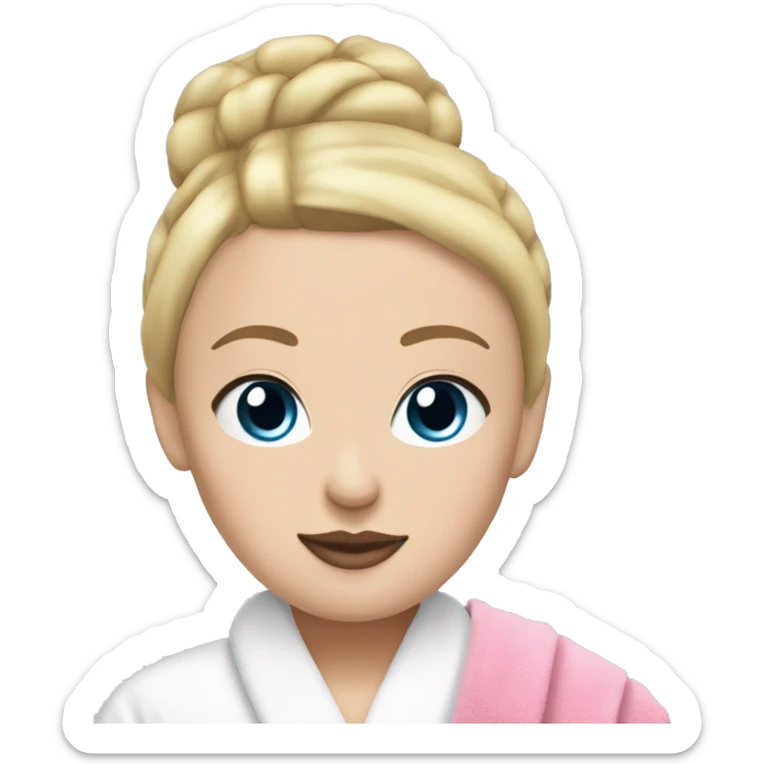 White girl with blonde hair in a bun and blue eyes and pink lips with a spa towel on her head and a robe on sticker