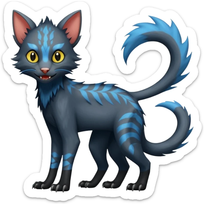 Lykoi-Electrike-Luxray-fusion-hybrid-animal-Fakémon-creature, full body, thin long sleek scaly tail, intricate markings sticker