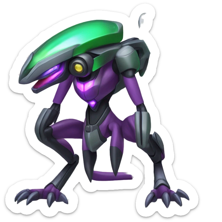 a shiny black-green-purple Genesect-Flygon-Raptor-Fakémon-Medabot-hybrid with a futuristic visor-helmet full body sticker