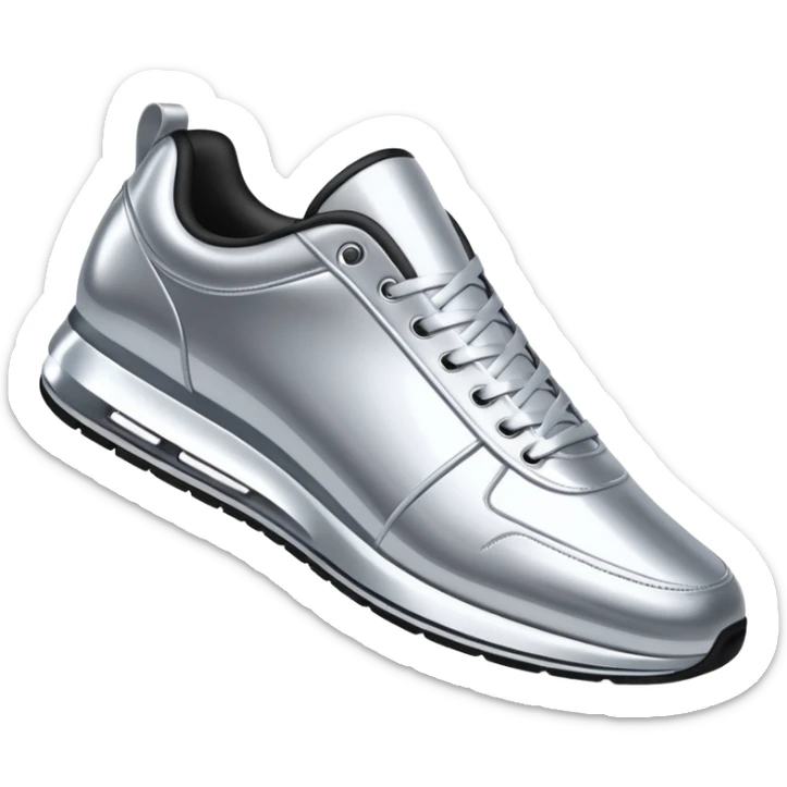 A pair of futuristic sneakers emoji made of silver chrome, sleek streetwear design, smooth metallic panels, subtle reflections, luxury swag aesthetic, iOS emoji style, centered, clean white background sticker
