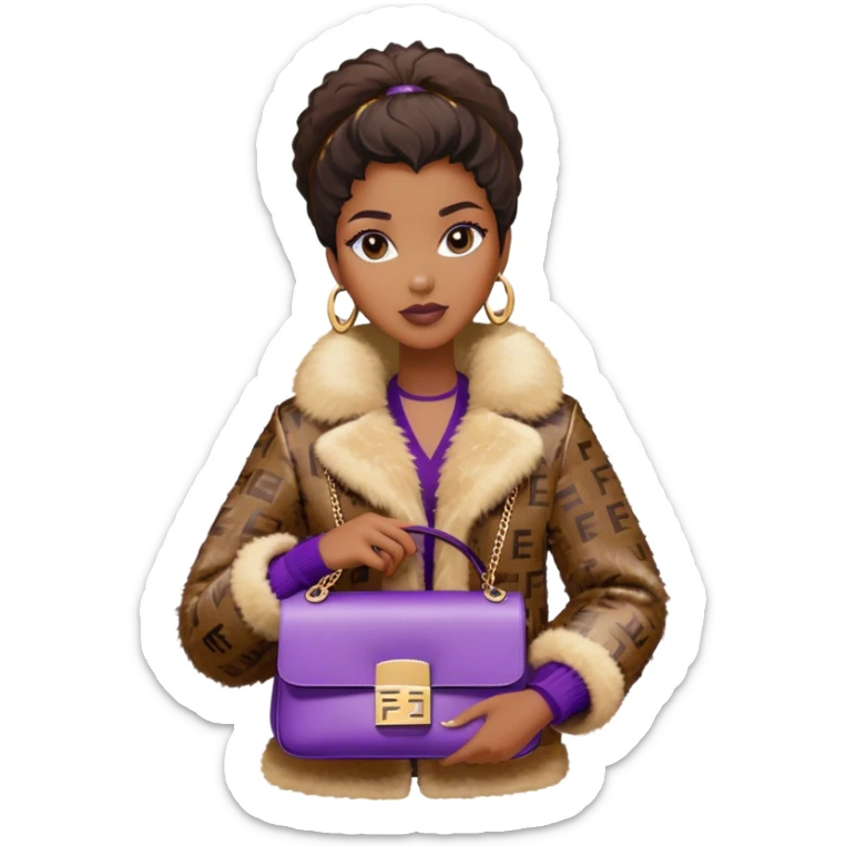 Beautiful black woman wearing a brown monogram Fendi jacket with a fur trim. She is carrying a purple sequined Fendi Baguette bag. I want the image close up. The jacket is not purple.  sticker
