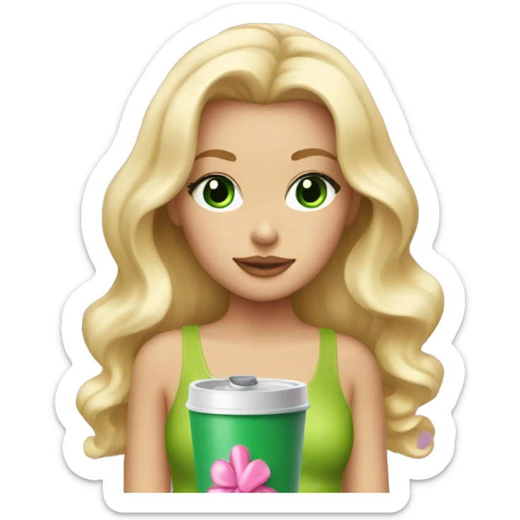 blonde with green eyes drinking pink tumbler wearing a pink bow in long wavy blonde hair sticker