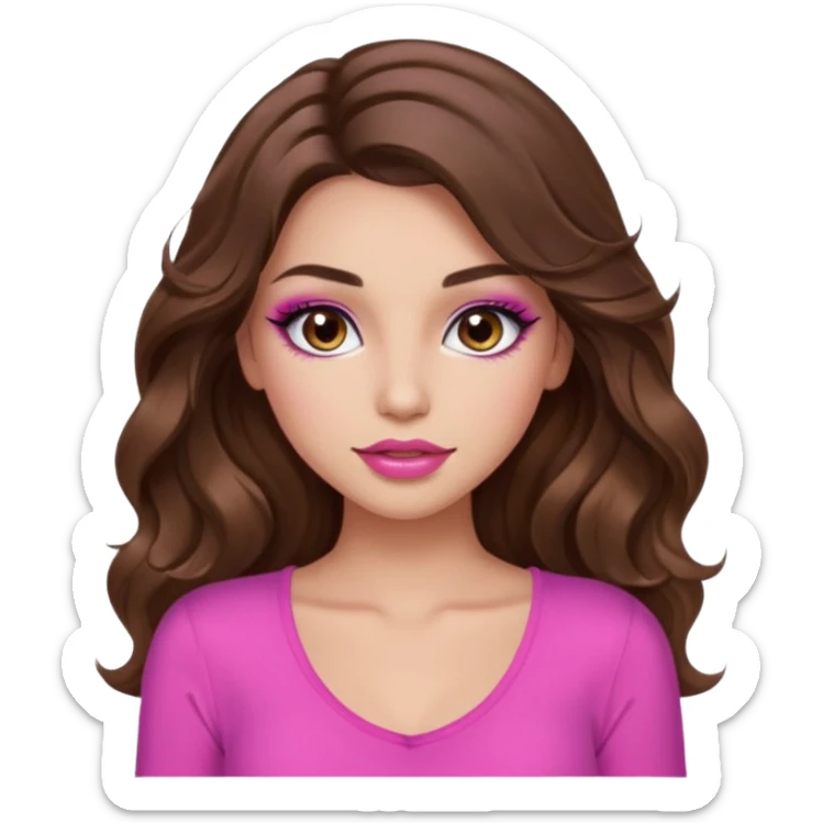 girl with long wavy brown hair, brown eyes, long lashes makeup, sexy pink lips, light to medium complexion, pink sexy top, I don't know sticker