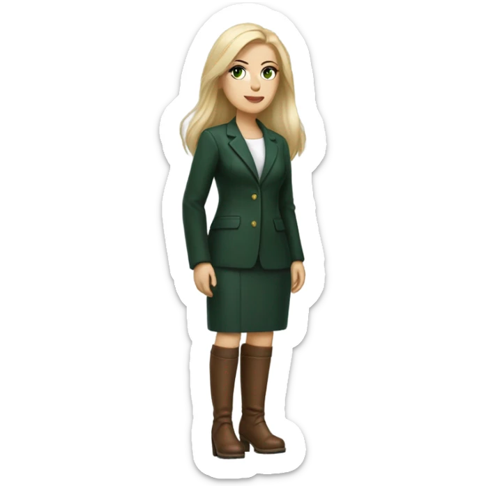 Realistic White woman with Long straight blonde hair and green eyes, dark green Wool oversize blazer, mini skirt and Brown heeled leather boots  sticker