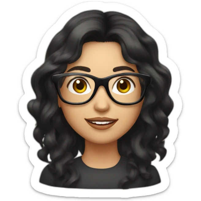 young peach skin woman with long black wavy hair and square black glasses on computer sticker