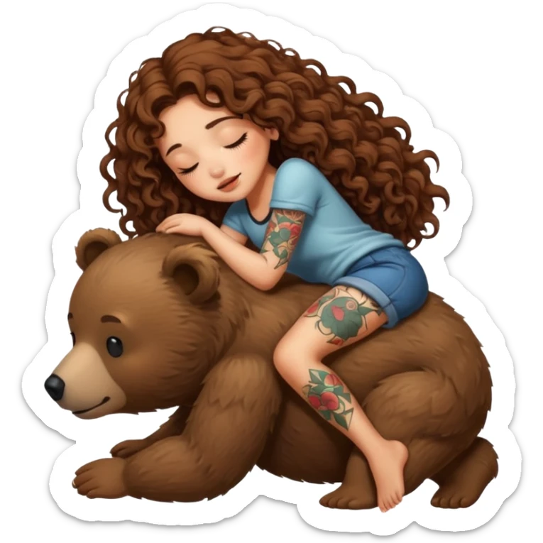 cute woman long curly brown hair tattoos riding sleepy bear sticker