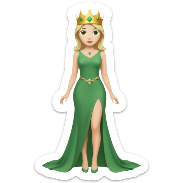Queen, crown, blonde hair, green eyes, long green tight dress, Leg slit, whole Body, sticker