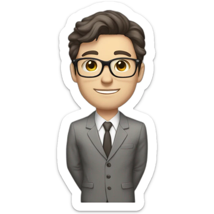 Full height Pale skinned Fit Man With dark brown hair in classic gray suit, beige office shirt, dark gray tie, and vintage glasses. Thrumbs of his palms directed up sticker
