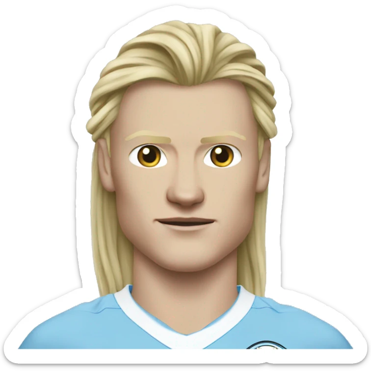 Erling haaland in a man city shirt and long hair in a pony tail sticker