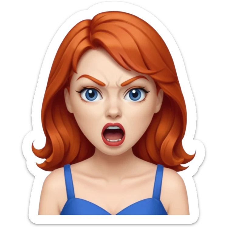 mujer pelirroja con los ojos y los labios maquillados enojada gritando con vestido azul sticker