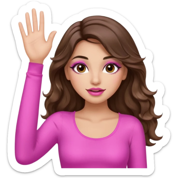 girl with long wavy brown hair, brown eyes, long lashes makeup, sexy pink lips, light to medium complexion, wearing a pink sexy top, one hand in the air high sticker