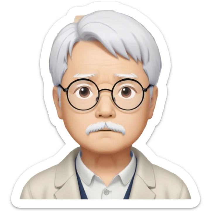​Cinematic Realistic Portrait of Hayao Miyazaki, depicted with striking white hair, defined black eyebrows, and large rectangular glasses, his thoughtful expression rendered in lifelike detail against a background of whimsical Studio Ghibli-inspired sketches, illuminated with soft, realistic lighting that emphasizes his creative genius, sticker