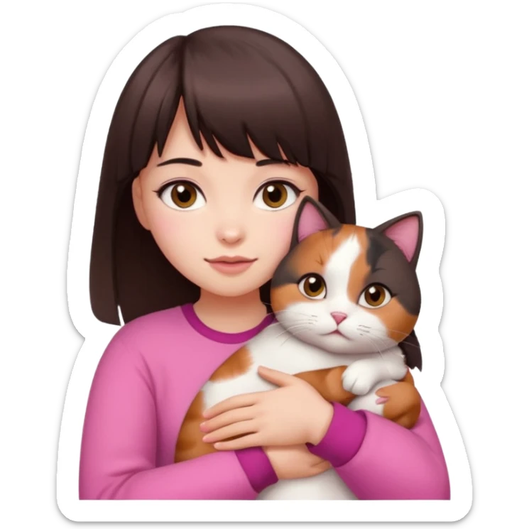 beautiful woman with dark brown straight hair and bangs, brown eyes wear a pink clothes, and white skin hugs a cute chubby cat sticker