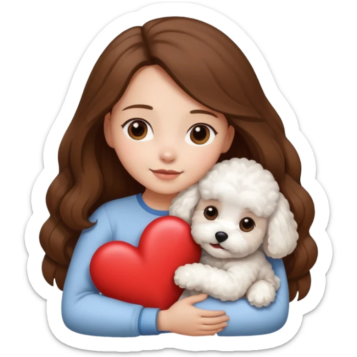 White bichon doh in hug with girl with long brown hair and heart between them sticker
