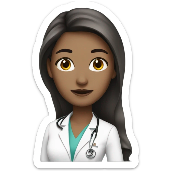 Beautiful doctor with brunette long hair with fair skin, black eye color sticker