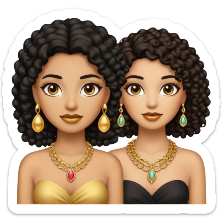 An emoji with two women, one woman with caramel skin color, black curly hair long. The other one is fair skin with brown straight hair and they're wearing jewelry and makeup. sticker
