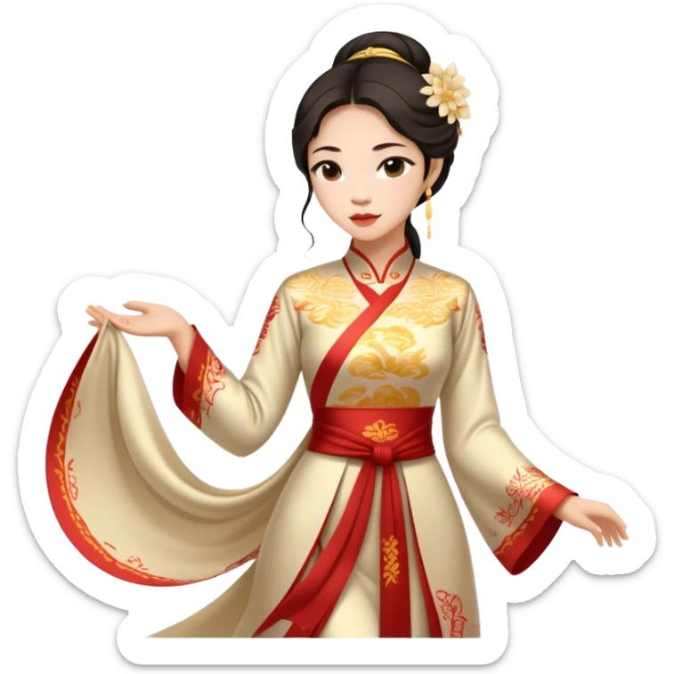 Cinematic Realistic Áo Dài Portrait Emoji, depicted as an elegant traditional Vietnamese dress with flowing graceful lines and delicate patterns, rendered with rich textures and soft ethereal lighting that captures its timeless beauty. sticker