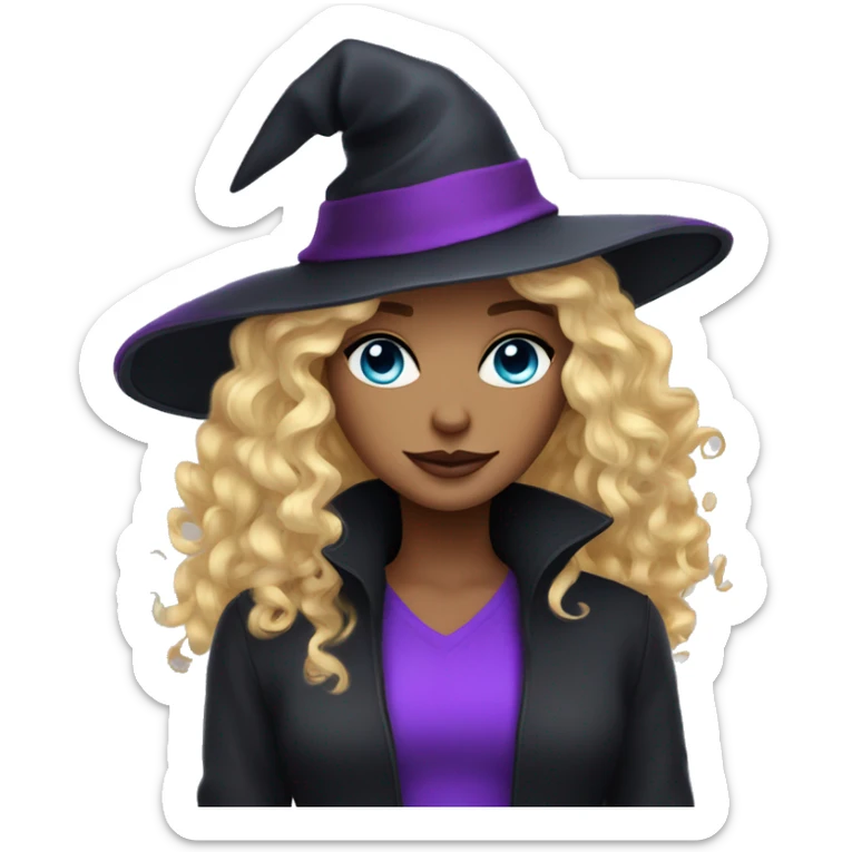 blonde curly hair blue eyes woman with purple witch hat and a black cat  sticker