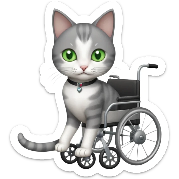 full body small short hair dark grey and white cat with green eyes walking in a wheelchair for cats sticker