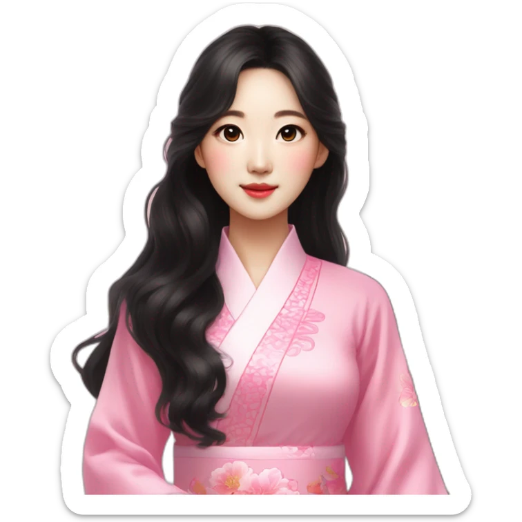 cute go yoon jung with wavy black hair posing with pink ao dai full body sticker