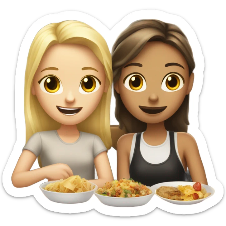Blonde hair freckly face girl and brunette girl sat in restaurant eating food sticker