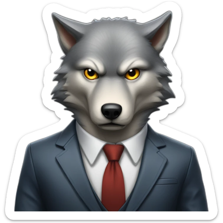Portrait of Big Bad Angry Wolf with a human-like face wears a sleek jacket and tie like a salesman sticker