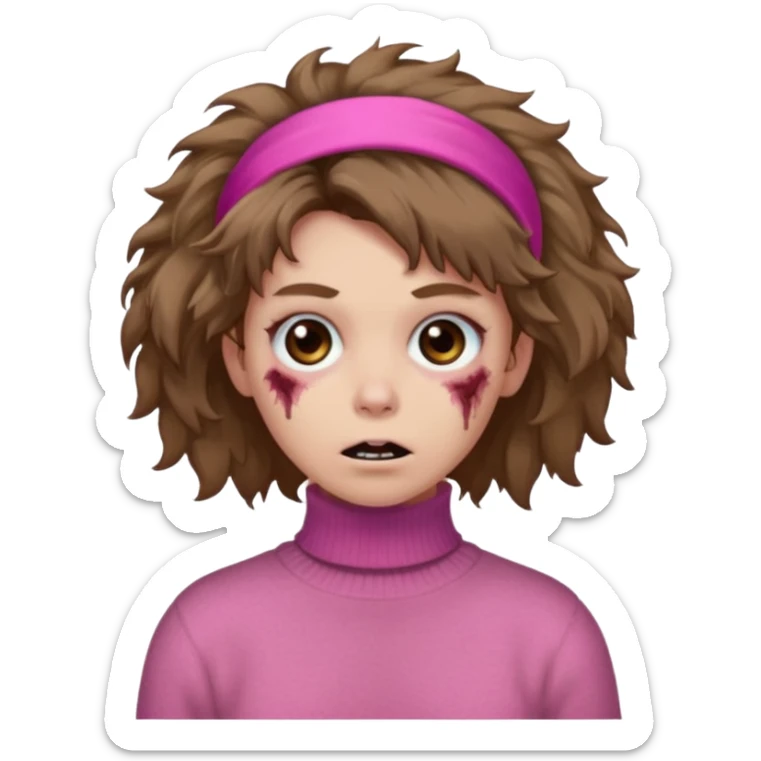 brown fluffy haired zombie with pink turtleneck sweater and hair band sticker