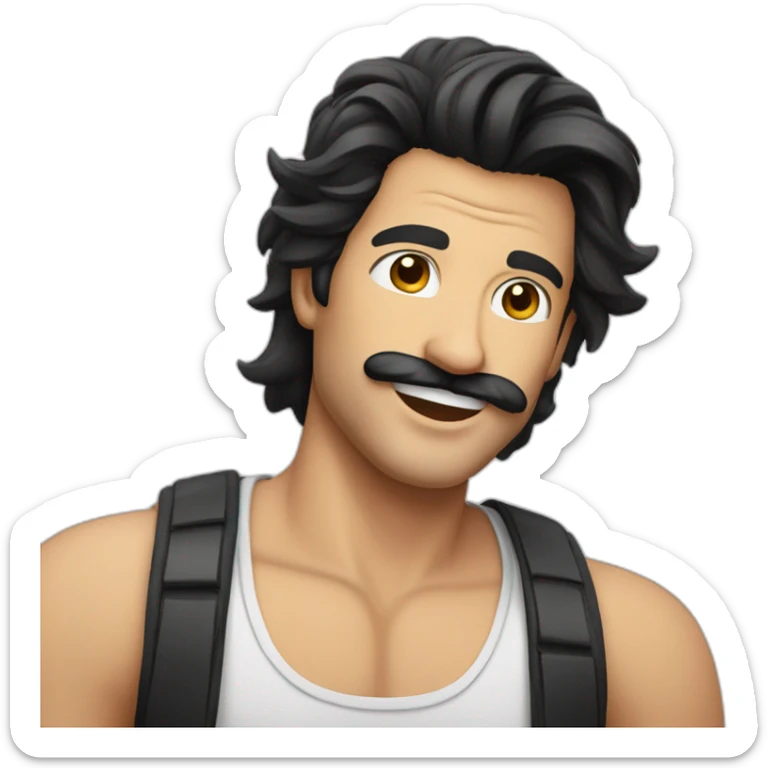 HAPPY MAN WITH MUSTACHE, stubble AND LONG BLACK HAIR AND WHITE TANK TOP sticker
