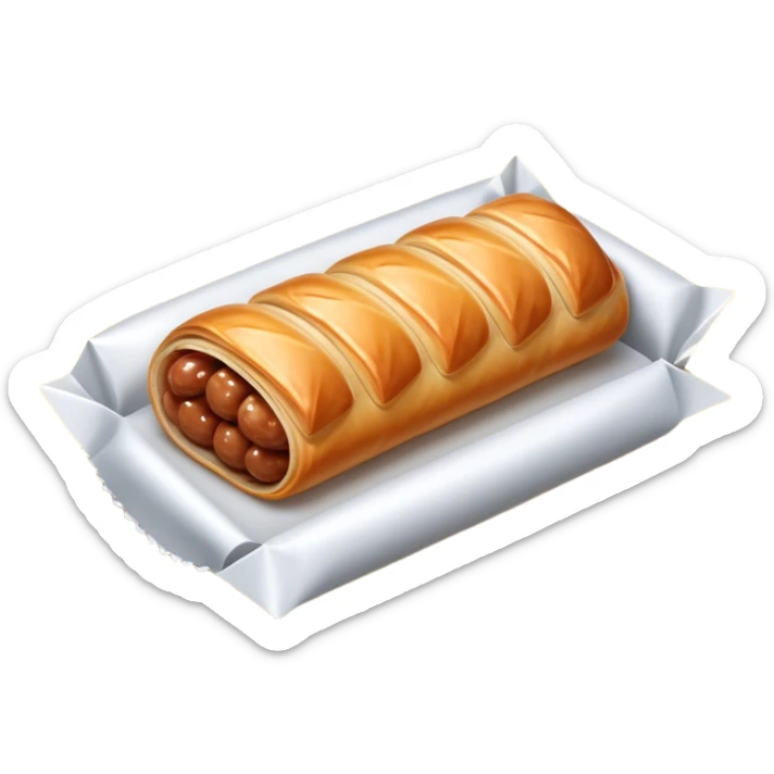 cinematic-realistic-sausage-roll-dish-emoji,-depicted-with-a-crisp,-golden-pastry-wrapped-around-flavorful-sausage,-rendered-with-detailed-textures-wrapped ina. plastic wrapper unrapped - and-appetizing-lighting sticker