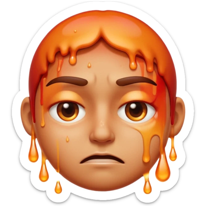 Apple-style emoji illustration of a person melted, overheated face with sweat drops, half-closed exhausted eyes, annoyed or angry expression, warm orange and red tones, soft 3D emoji style, smooth gradients, rounded shapes, centered composition. sticker