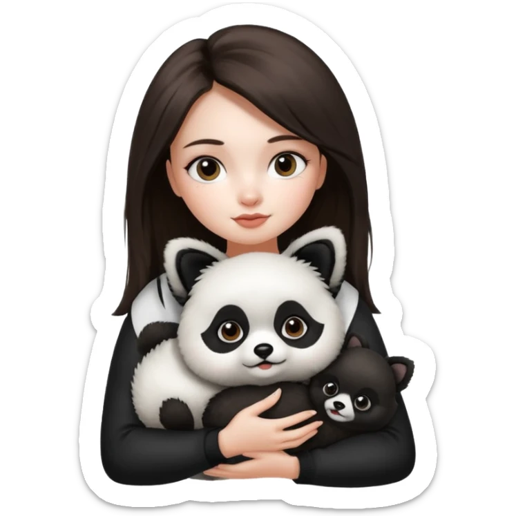 an brunette hair girl holding her pomeranian dog that looks like a panda sticker