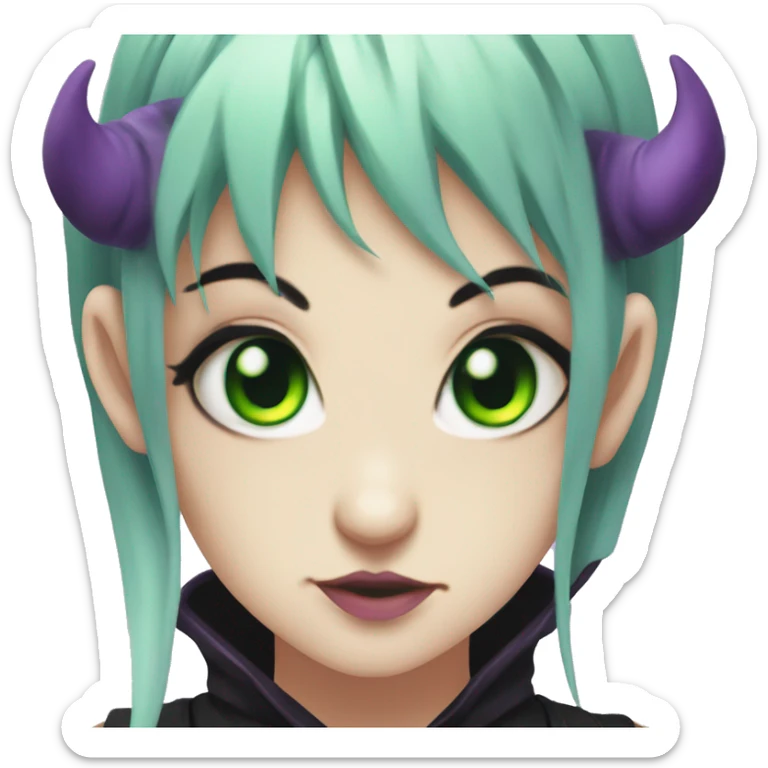 Gothic succubus girl with green eyes anime style  purple hair cutie face  sticker